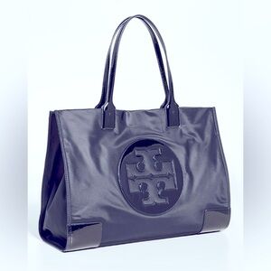 Tory Burch Ella patent/nylon navy blue tote